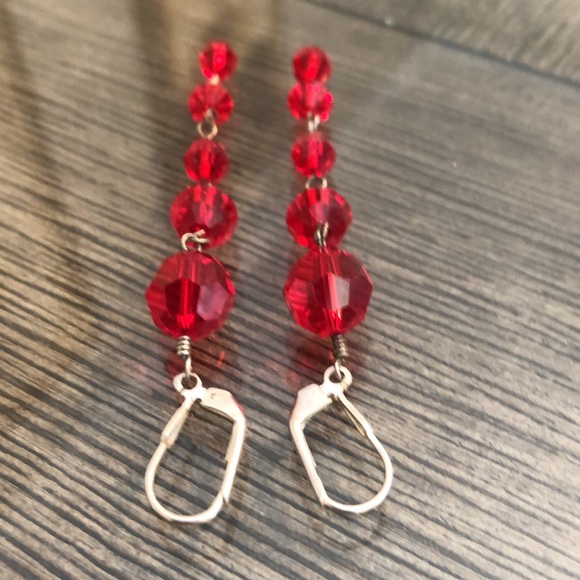 Vintage Red Cut Crystal Sterling Silver Lever Back Earrings Long Dangle - Picture 5 of 16